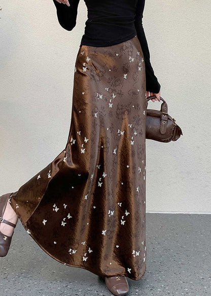 Seidenrock mit Schmetterlingsmuster in Kaffeebraun, hoher Bund