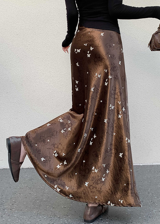 Seidenrock mit Schmetterlingsmuster in Kaffeebraun, hoher Bund