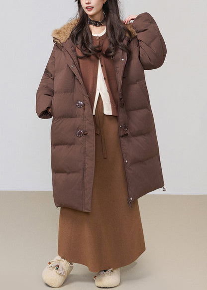 Parka larga de invierno con capucha y relleno de algodón de patchwork esponjoso con botones de café