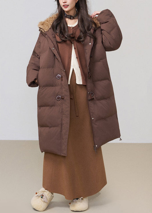 Parka larga de invierno con capucha y relleno de algodón de patchwork esponjoso con botones de café