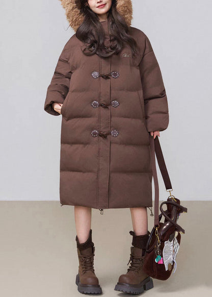 Parka larga de invierno con capucha y relleno de algodón de patchwork esponjoso con botones de café