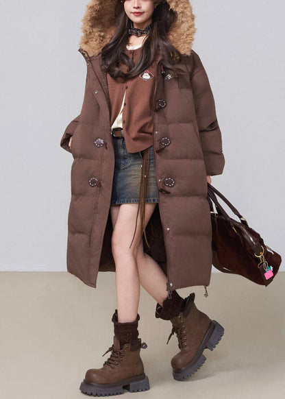 Parka larga de invierno con capucha y relleno de algodón de patchwork esponjoso con botones de café