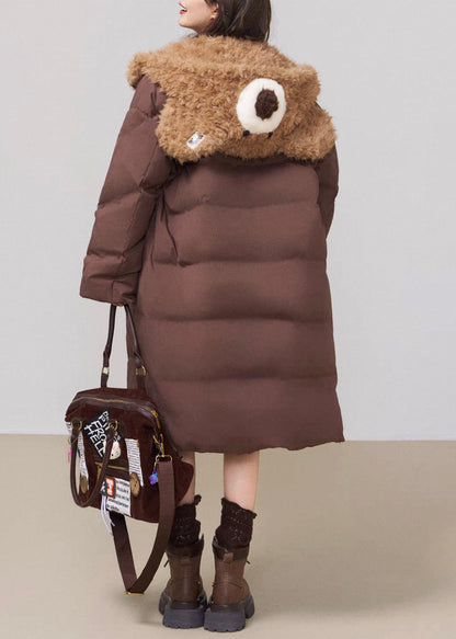 Parka larga de invierno con capucha y relleno de algodón de patchwork esponjoso con botones de café