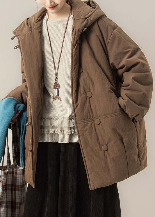 Parka con capucha lisa de patchwork con botones de color café para invierno