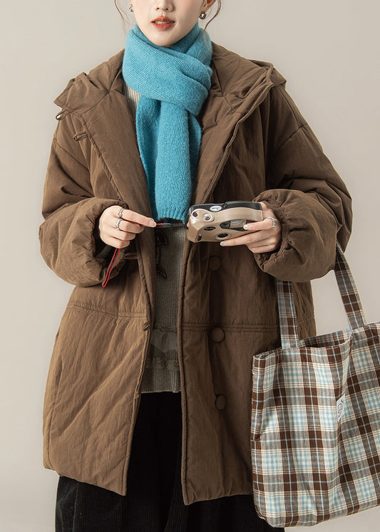 Parka con capucha lisa de patchwork con botones de color café para invierno