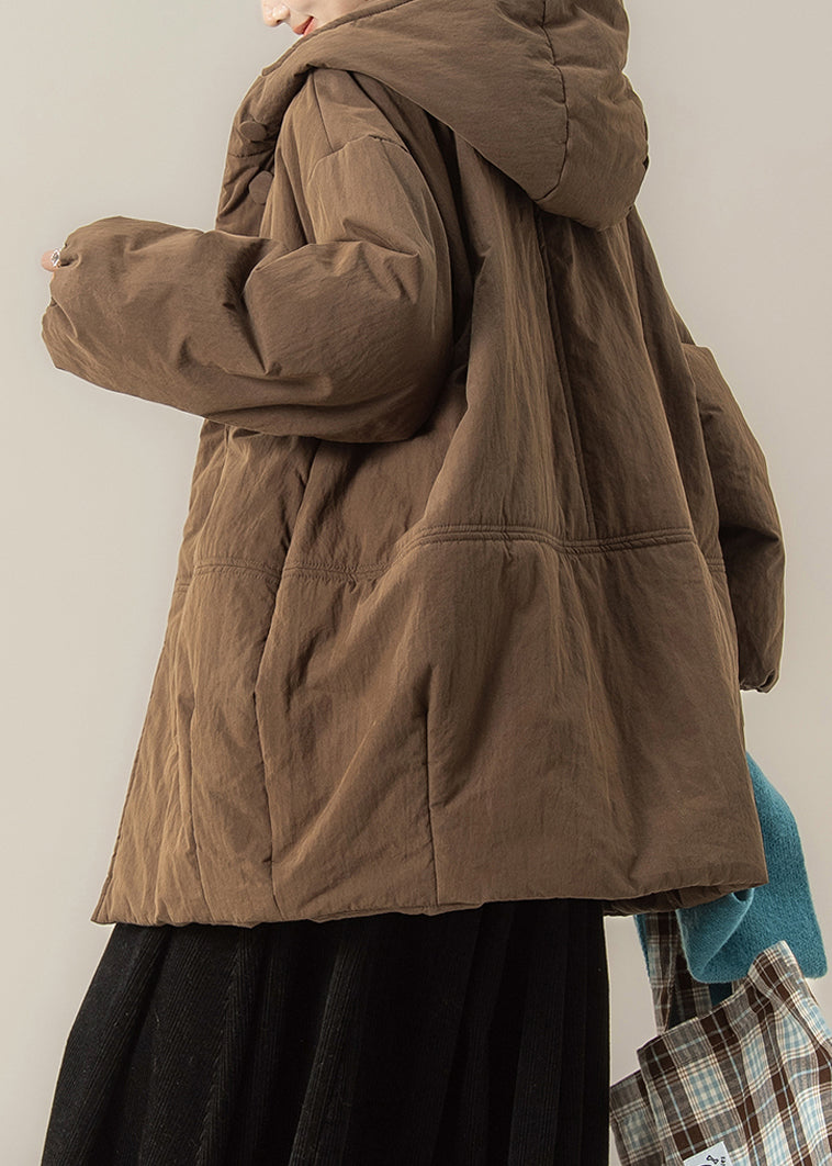 Parka con capucha lisa de patchwork con botones de color café para invierno