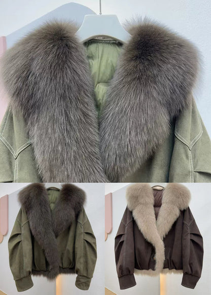 Coffee Button Pockets Solid Fine Cotton Fur Collar