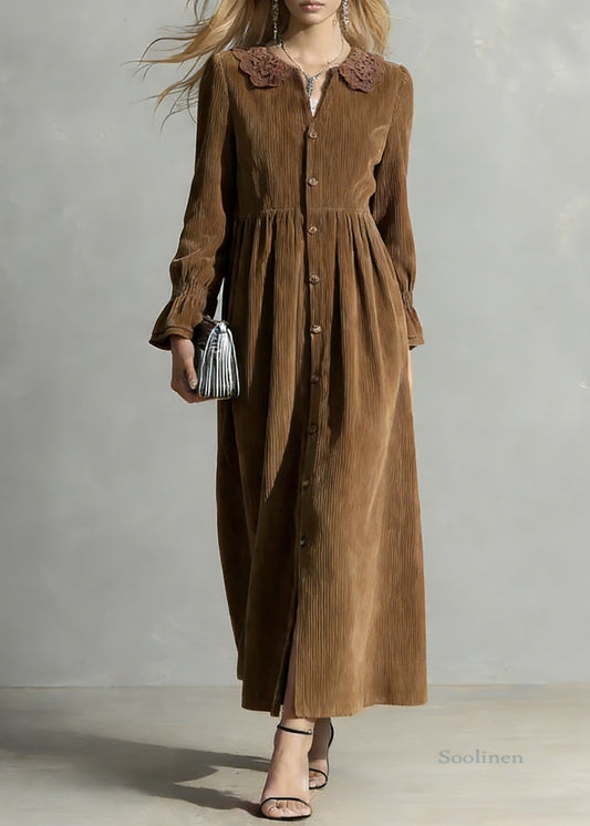Coffee Button Solid Oversized Corduroy Shirts Dress Peter Pan Collar