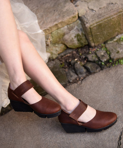 Coffee Cowhide Leather Buckle Strap Splicing Wedge Heels Sandals