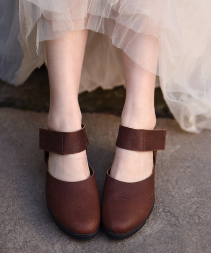Coffee Cowhide Leather Buckle Strap Splicing Wedge Heels Sandals