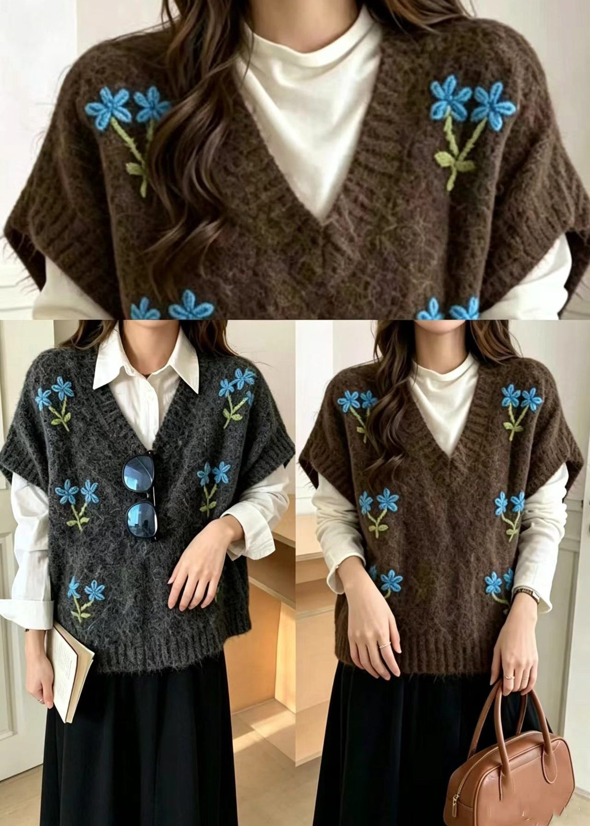 Coffee Embroidered Floral Knit Waistcoat V Neck Sleeveless