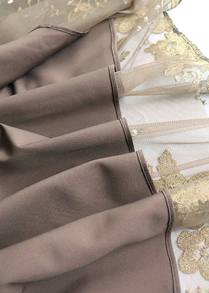 Schokoladenbrauner bestickter Blumenrock mit hoher Taille aus Tüll in A-Linie