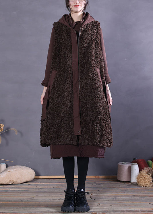 Lässige Strandweste aus Kunstpelz mit Reißverschluss und ärmellos, Schokoladenbraun