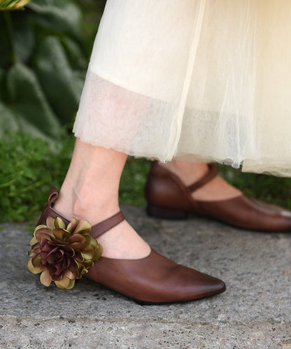 Coffee Flat Shoes For Women Buckle Strap Splicing Floral