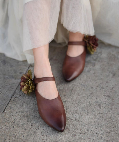Coffee Flat Shoes For Women Buckle Strap Splicing Floral