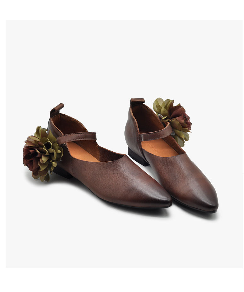 Coffee Flat Shoes For Women Buckle Strap Splicing Floral