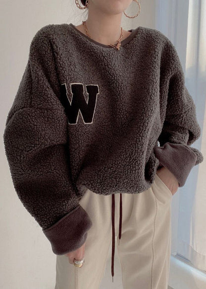 Coffee Letter Drawstring Teddy Winter Sweatshirts O Neck