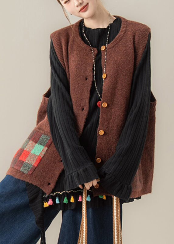 Kaffeefarbener Rundhalspullover mit Taschen, dicker Baumwollstrick, ärmellos