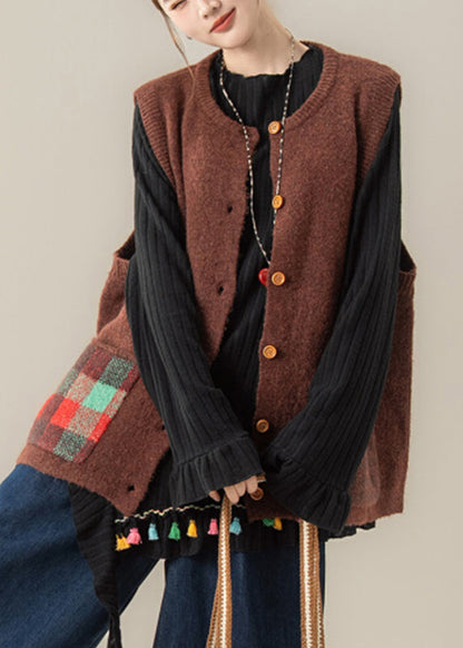 Kaffeefarbener Rundhalspullover mit Taschen, dicker Baumwollstrick, ärmellos