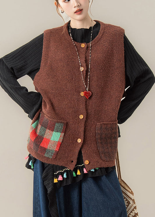 Kaffeefarbener Rundhalspullover mit Taschen, dicker Baumwollstrick, ärmellos