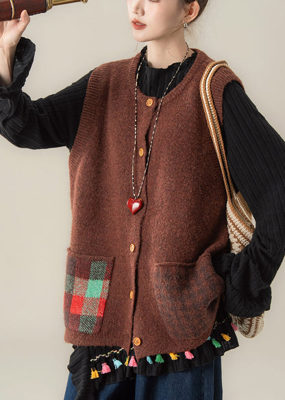 Kaffeefarbener Rundhalspullover mit Taschen, dicker Baumwollstrick, ärmellos