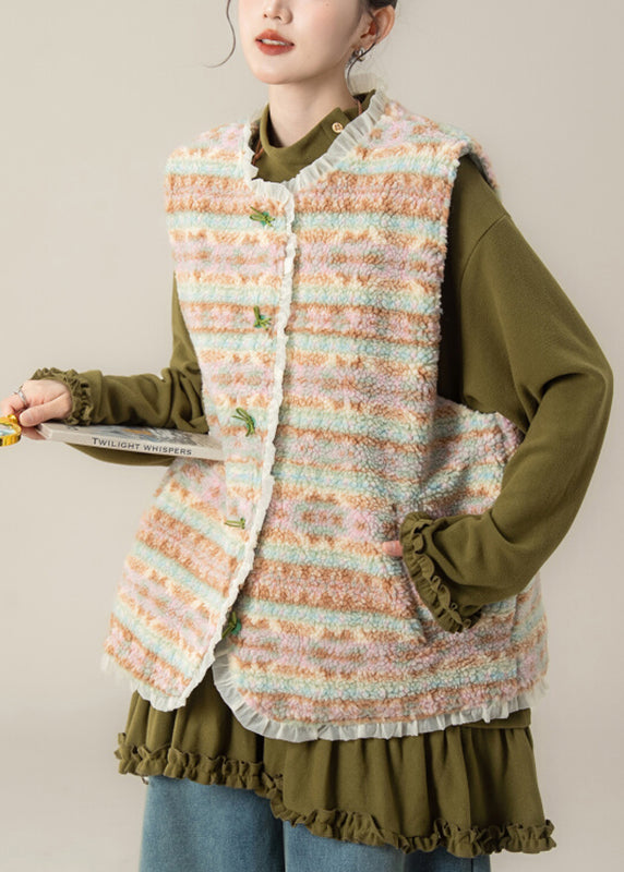 Ärmellose Weste mit Patchwork-Knöpfen in Kaffeebraun und Kunstpelz