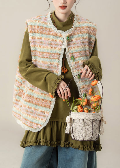 Ärmellose Weste mit Patchwork-Knöpfen in Kaffeebraun und Kunstpelz