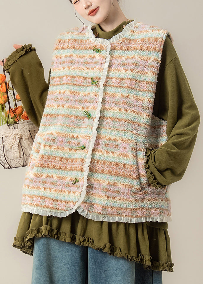 Ärmellose Weste mit Patchwork-Knöpfen in Kaffeebraun und Kunstpelz