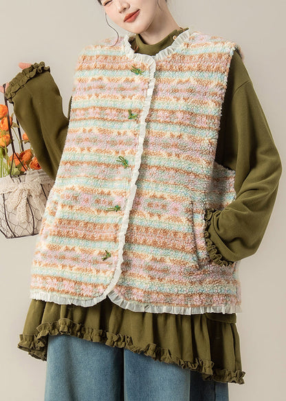 Ärmellose Weste mit Patchwork-Knöpfen in Kaffeebraun und Kunstpelz