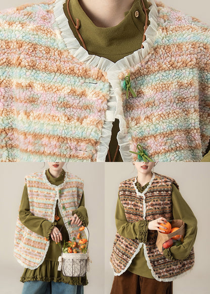 Ärmellose Weste mit Patchwork-Knöpfen in Kaffeebraun und Kunstpelz