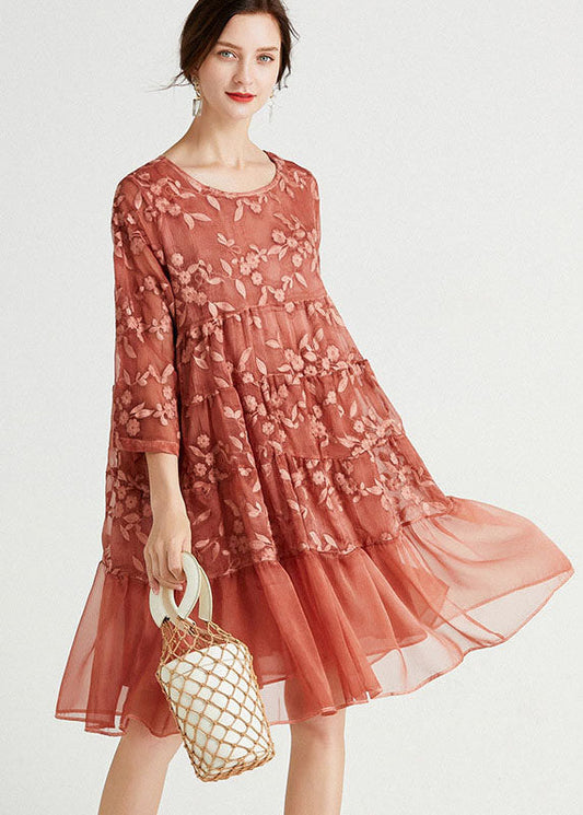 Schokolade Patchwork Chiffon Langes Kleid Bestickt Frühling