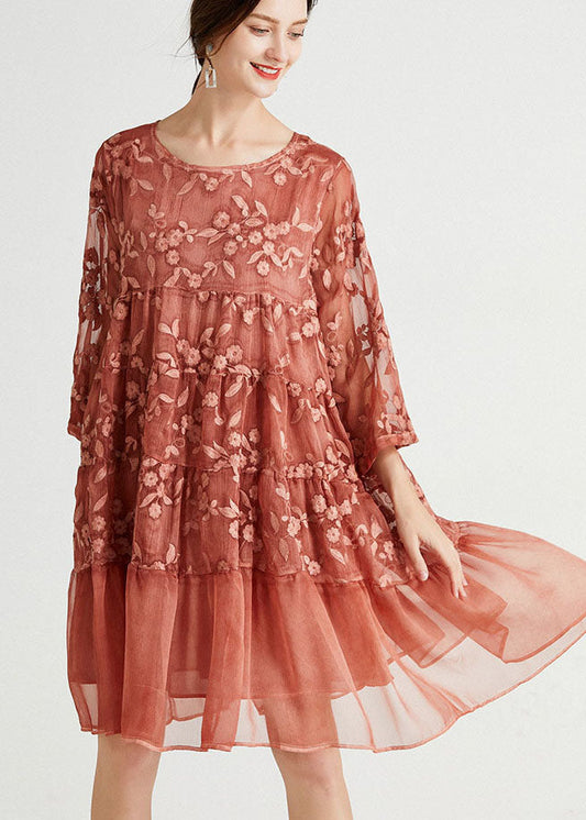 Schokolade Patchwork Chiffon Langes Kleid Bestickt Frühling