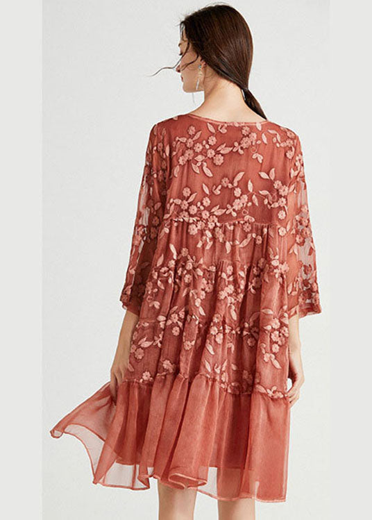 Schokolade Patchwork Chiffon Langes Kleid Bestickt Frühling