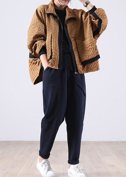 Schokoladenbrauner Patchwork-Cordmantel mit Reißverschluss