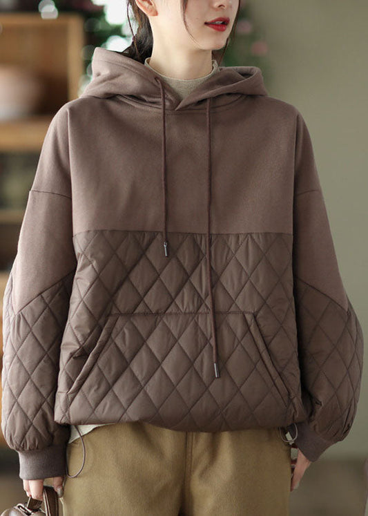 Schokoladen-Patchwork-Pullover mit feiner Baumwolle, gefüllt, Kordelzug, Winter