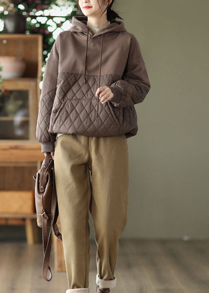 Schokoladen-Patchwork-Pullover mit feiner Baumwolle, gefüllt, Kordelzug, Winter