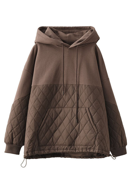 Schokoladen-Patchwork-Pullover mit feiner Baumwolle, gefüllt, Kordelzug, Winter