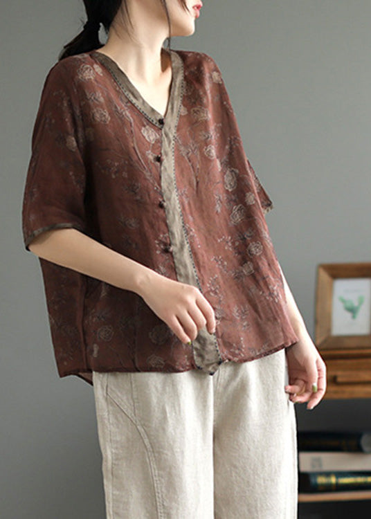 Camiseta de manga corta con patchwork de ramio y café