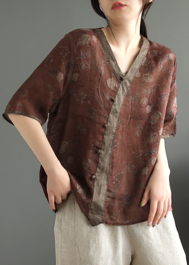 Camiseta de manga corta con patchwork de ramio y café