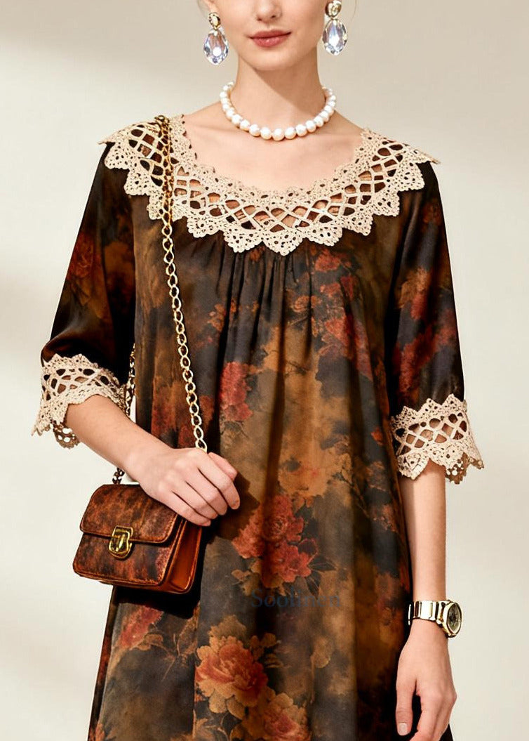 Coffee Patchwork Silk Robe Dresses Oversized Print Summer