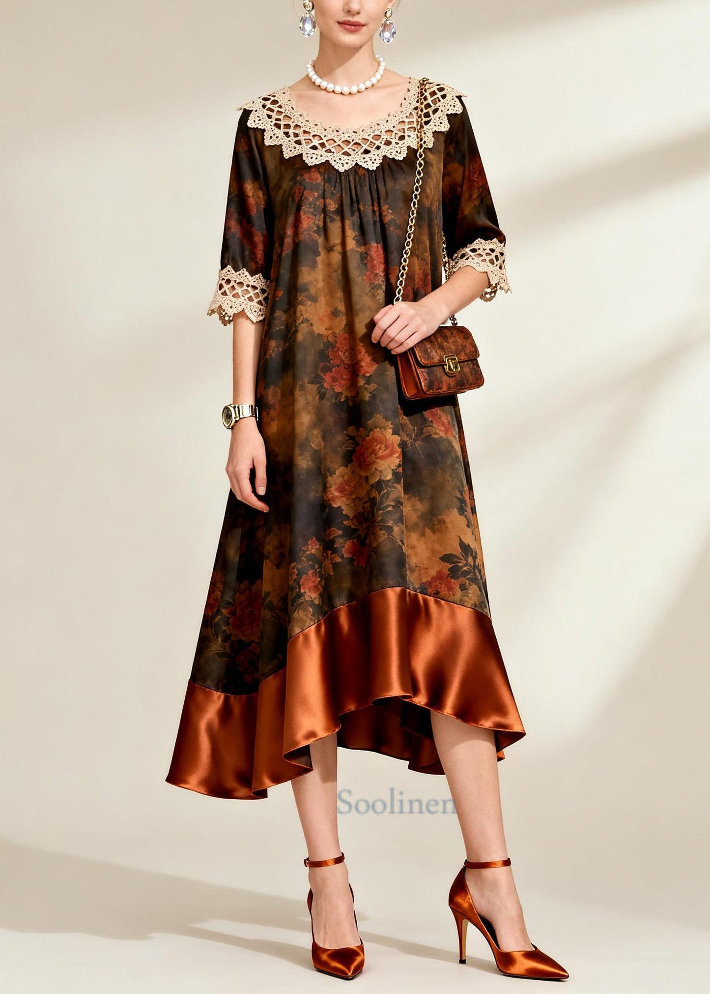 Coffee Patchwork Silk Robe Dresses Oversized Print Summer