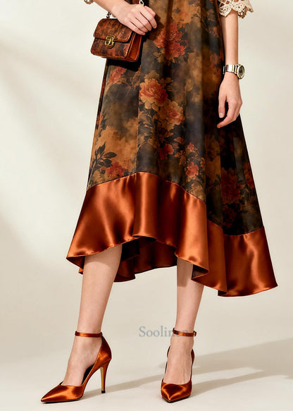 Coffee Patchwork Silk Robe Dresses Oversized Print Summer