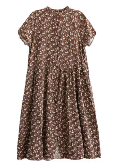 Vestidos largos de manga corta con botones arrugados y patchwork de color café