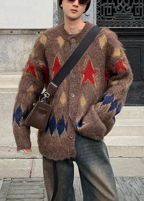 Coffee Plaid Button Cozy Knit Men Coat O Neck