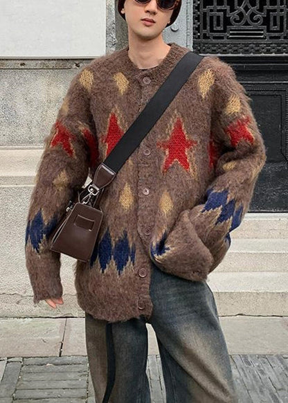 Coffee Plaid Button Cozy Knit Men Coat O Neck