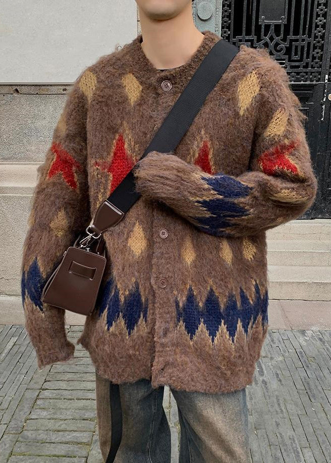 Coffee Plaid Button Cozy Knit Men Coat O Neck