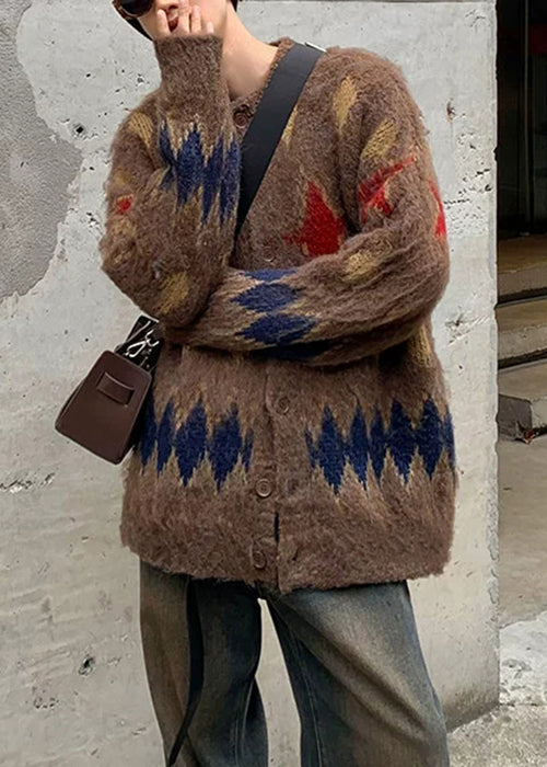 Coffee Plaid Button Cozy Knit Men Coat O Neck