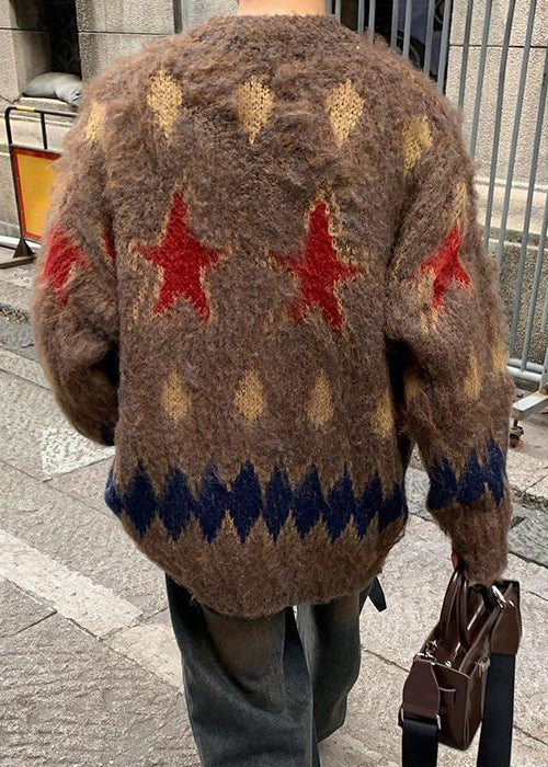 Coffee Plaid Button Cozy Knit Men Coat O Neck