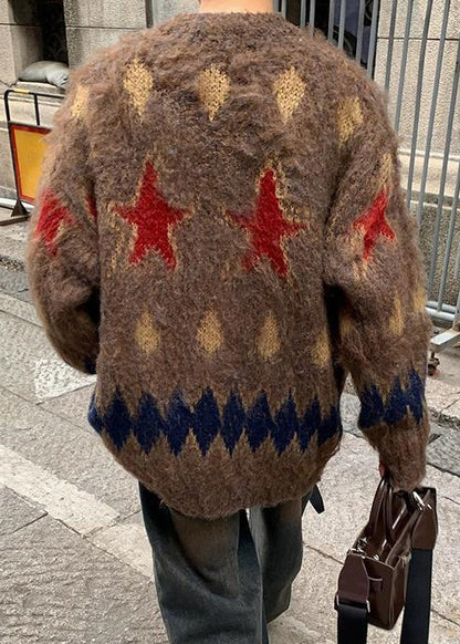 Coffee Plaid Button Cozy Knit Men Coat O Neck
