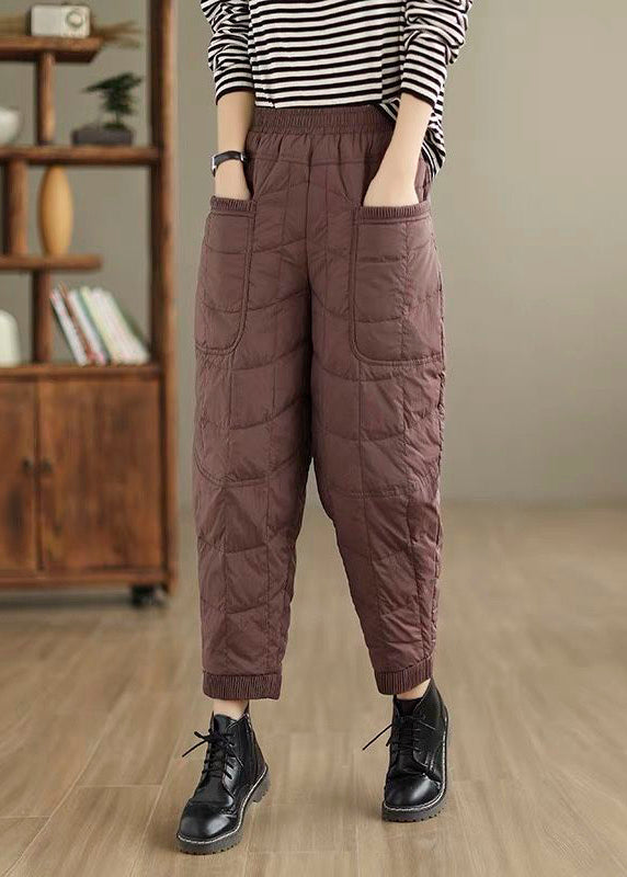 Pantalones de algodón grueso con cintura elástica y cuadros escoceses de color café